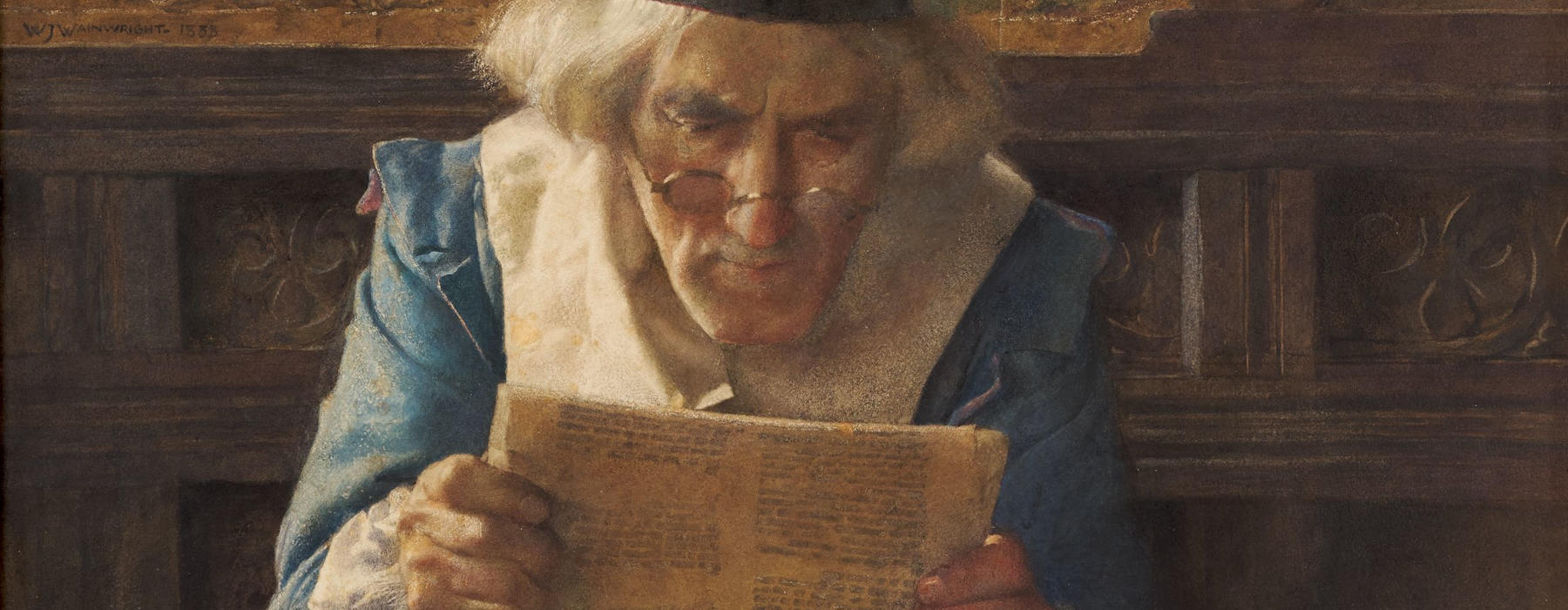An old man in Renaissance-era costume reading a sheet of paper.